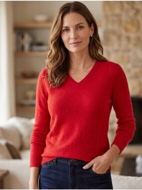Peck & Peck Cashmere Red V-Neck Women's Sweater- 100% Cashmere